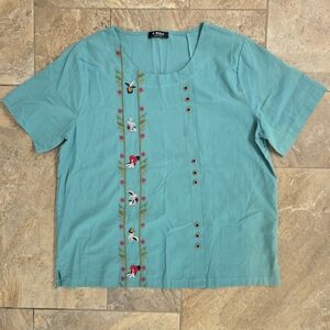 E‎ Retro Chic Teal Embroidered Short Sleeve Top XXL Boho Hippie Beachy